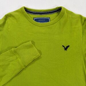 American Eagle Mens M Vintage Fit Thermal Shirt Lime Green Waffle Knit Y2K Logo